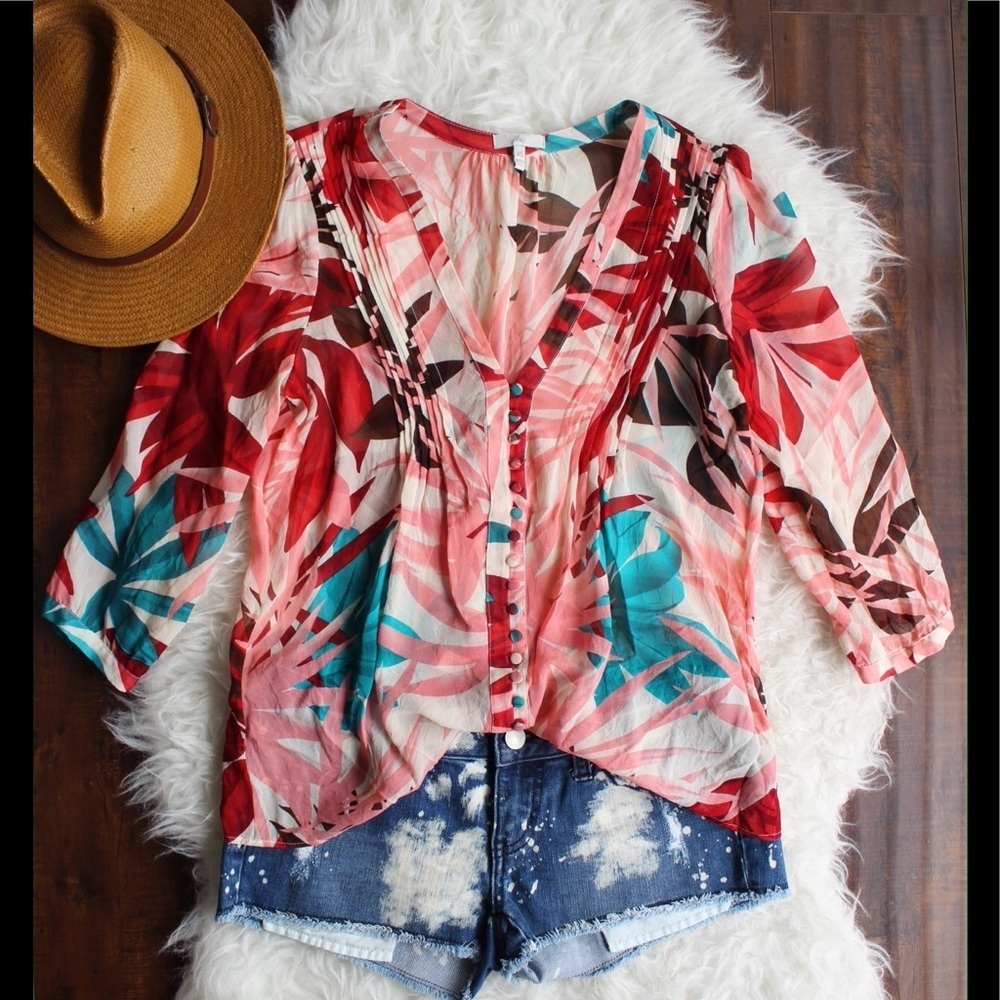 Joie Silk Tropical Leaf Print Boho Blouse Top XS